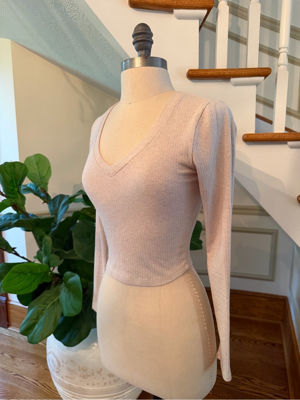 Women's V-Neck Ribbed Long Sleeve Cropped Top